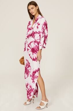 S/W/F Magenta Tie Dye Print Plunge V-Neck Long Sleeve Coastal Maxi Dress Size S